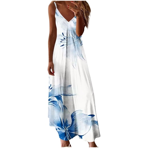 Hrsba Vacation Dress,Women Summer Floral Print Ruffled Sleeveless Spaghetti Strap V Neck Beach Flowy Dress