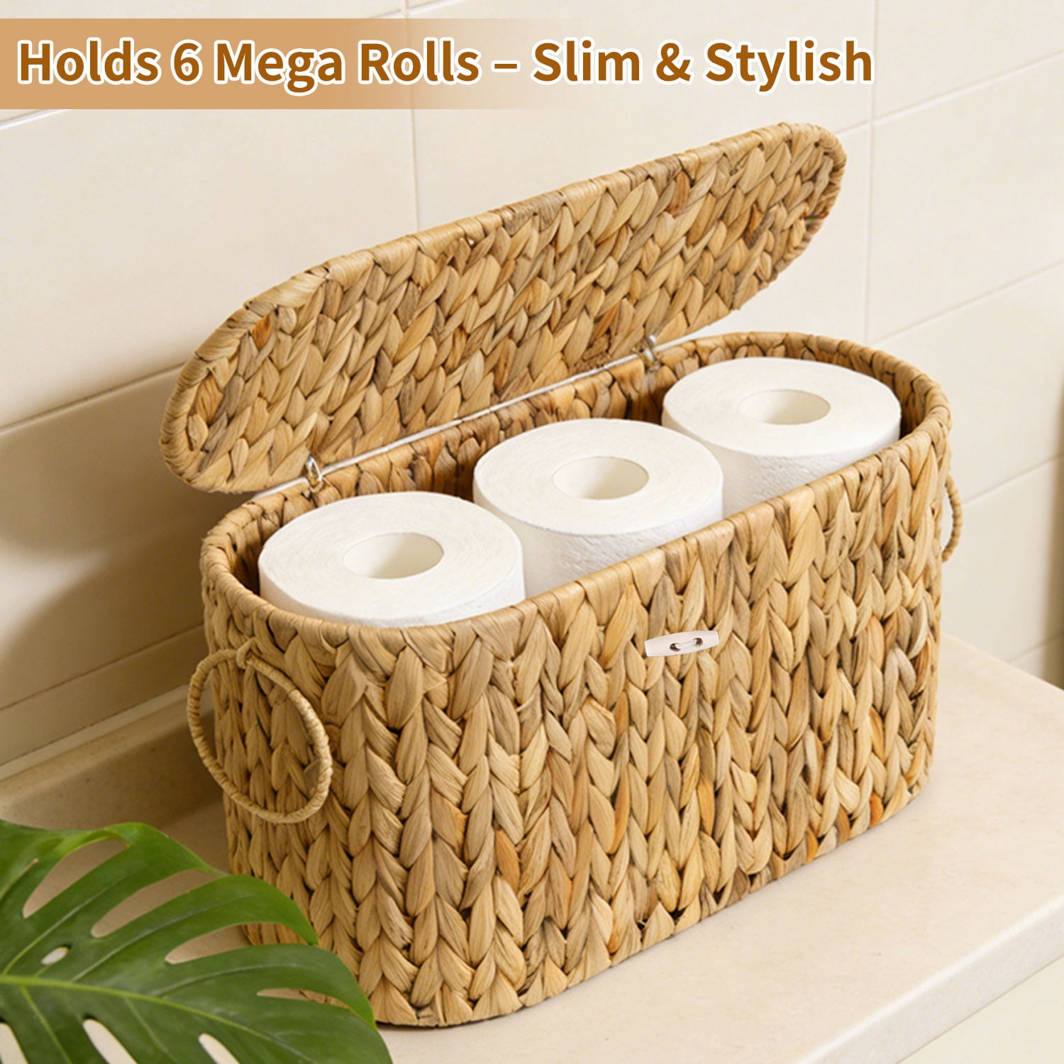 YAOYAO LAND Toilet Paper Storage Basket with Lid, Water Hyacinth Slim Toilet Paper Holder - Holds Up to 6 Mega Rolls, Wicker Basket for Bathroom Organization, Natural