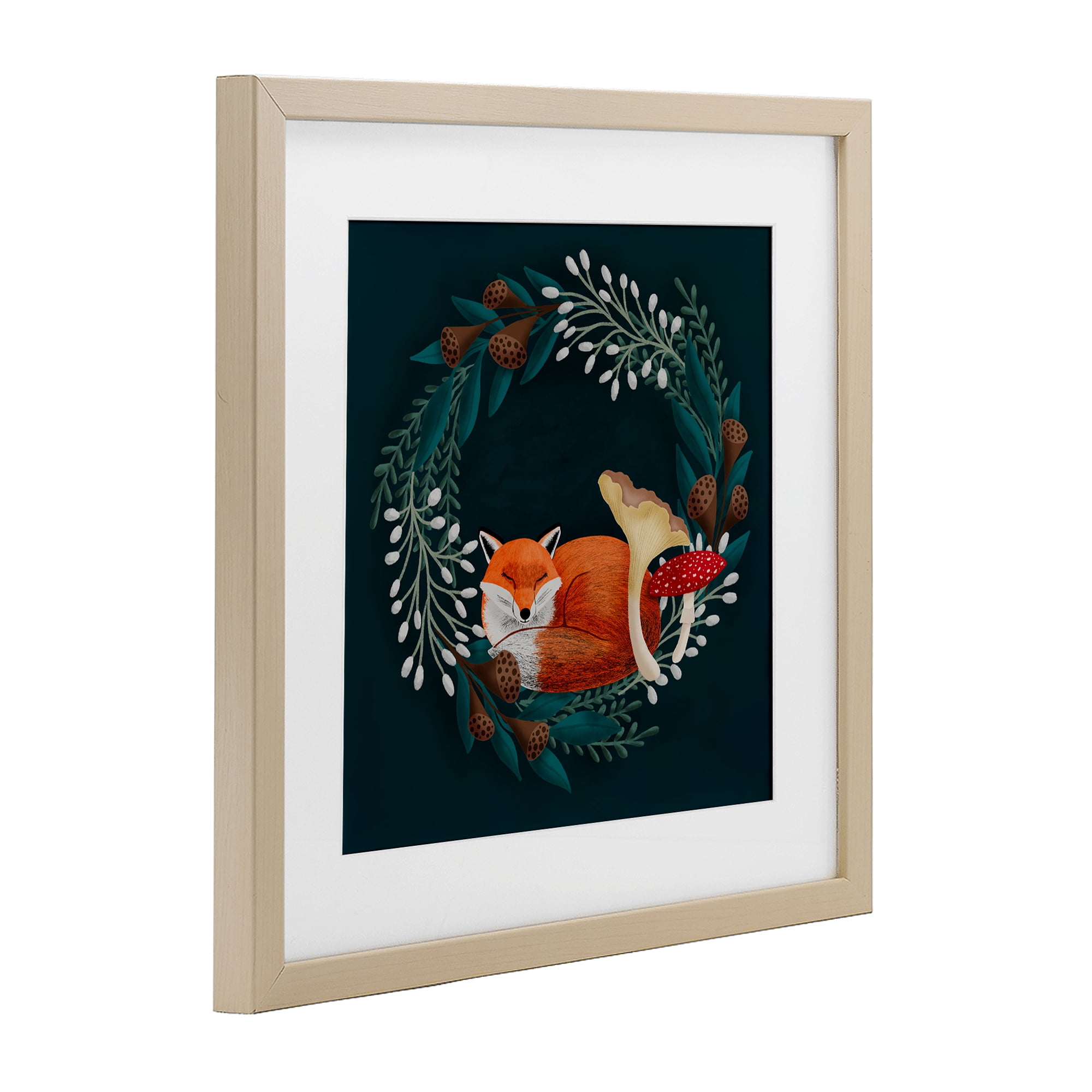 Sleepy Fox in Botanical Wreath Birch Framed Print Under Glass, design by Metka Hiti