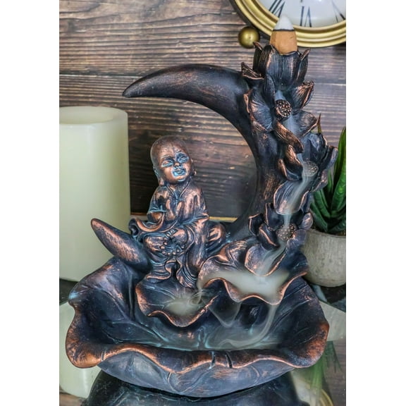 Buddha Monk On Lotus Crescent Moon Smoke Waterfall Backflow Cone Incense Burner