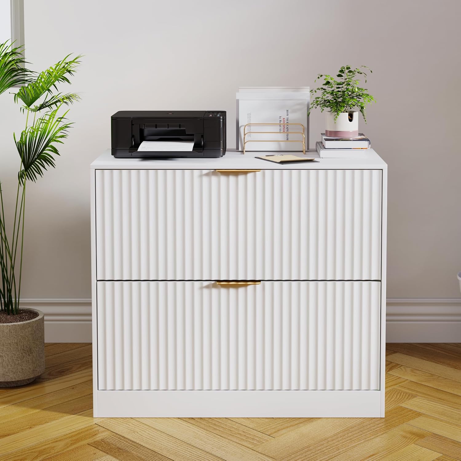 Pusnapku 2 Drawers File Cabinet, Modern 31" Printer Stand, Fluted Home Office Filing Cabinet with Adjustable Hanging Rails, for Legal/Letter/A4 Size