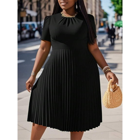 Plus Size Women's Solid Color Short Puff Sleeve Pleated Hem Dress Coffee Brown Casual Dress