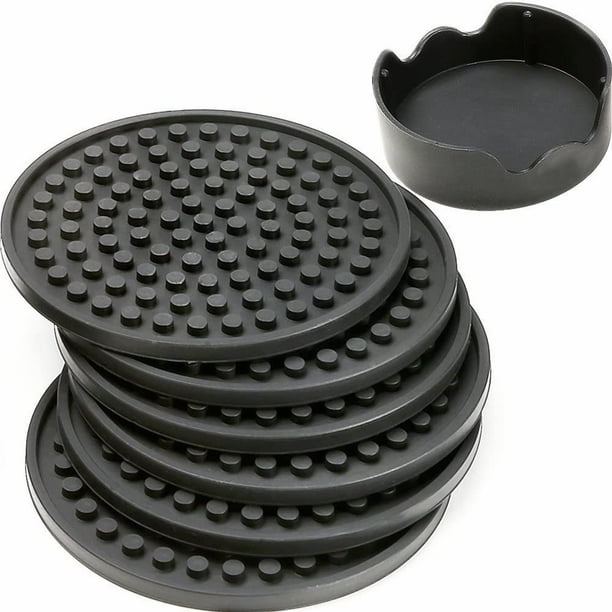 Posavasos para bebidas – Juego de 6 con soporte, negro – Protege los muebles de marcas de agua o daños – Bandeja profunda y cierre de borde