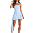 thumbnail image 2 of ClodeEU Women's Halter Choker Strapless Ruched Bodycon Mini Dress,Trendy Ruffle Hem Club Party Short Dress Blue,Women's Plus L, 2 of 6