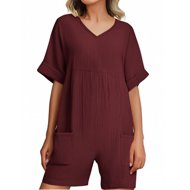 yoeyez Rompers for Women Plus Size,Women Summer Solid Color Pleated V Neck Jumpsuits Wide Leg Short Sleeve Workout Jumpsuits Shorts With Pockets Red,S