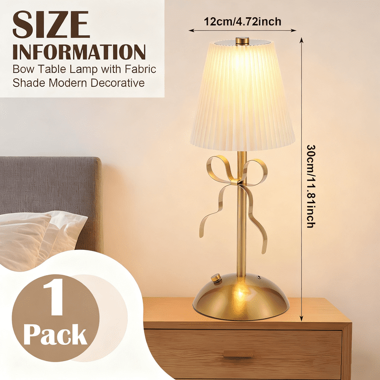 Bow Table Lamp – Cute LED Desk Light With Romantic Bow Decor, Fabric Shade, Dimmable, Cordless 1200mAh Battery, Pink For Bedroom & Office