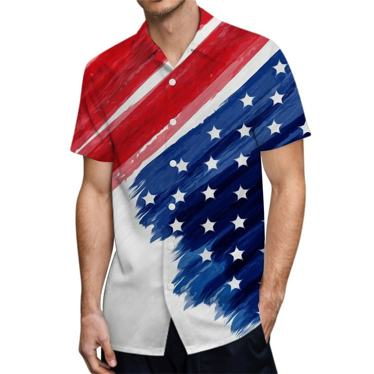 B91xZ Mens Shirts Mens 3D Digital Printing Pocket Buckle Lapel Short Sleeve  Shirt American Flag Tees White XXL