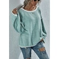 thumbnail image 2 of Contrast Stitching Relaxed Knit Sweater Fringe Vertical Back Taupe Top for Women Green Large, 2 of 5
