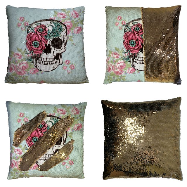 ABPHQTO Calavera Flor Rosas Reversible Sirena Lentejuelas Funda de Almohada Decoración del Hogar Funda de Cojín 40x40 cm ABPHQTO FishPillow-SL-1-16x16