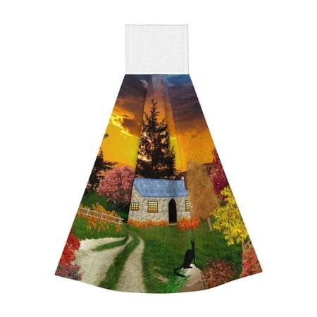 

Qekee Fall Village Scenery Print Hanging Kitchen Towels Coral Velvet Wipe Hand Towel Absorbent Hand Towels Microfiber Tie Towel for Bathroom Kitchen Decor