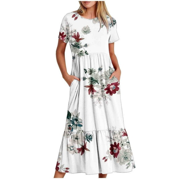 Pisexur Womens Summer Dresses Round Neck Flowy Pleat Dress Trendy Short-Sleeve Fashion with Pocket Beach Summer Swing Floral Print Dresses