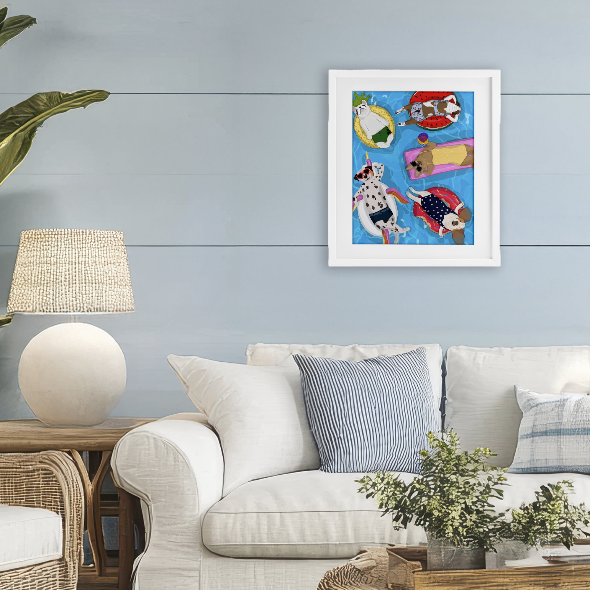 Stupell Industries Summer Sunbathing Dogs White Framed Print Under Glass, design by Hanna Melin