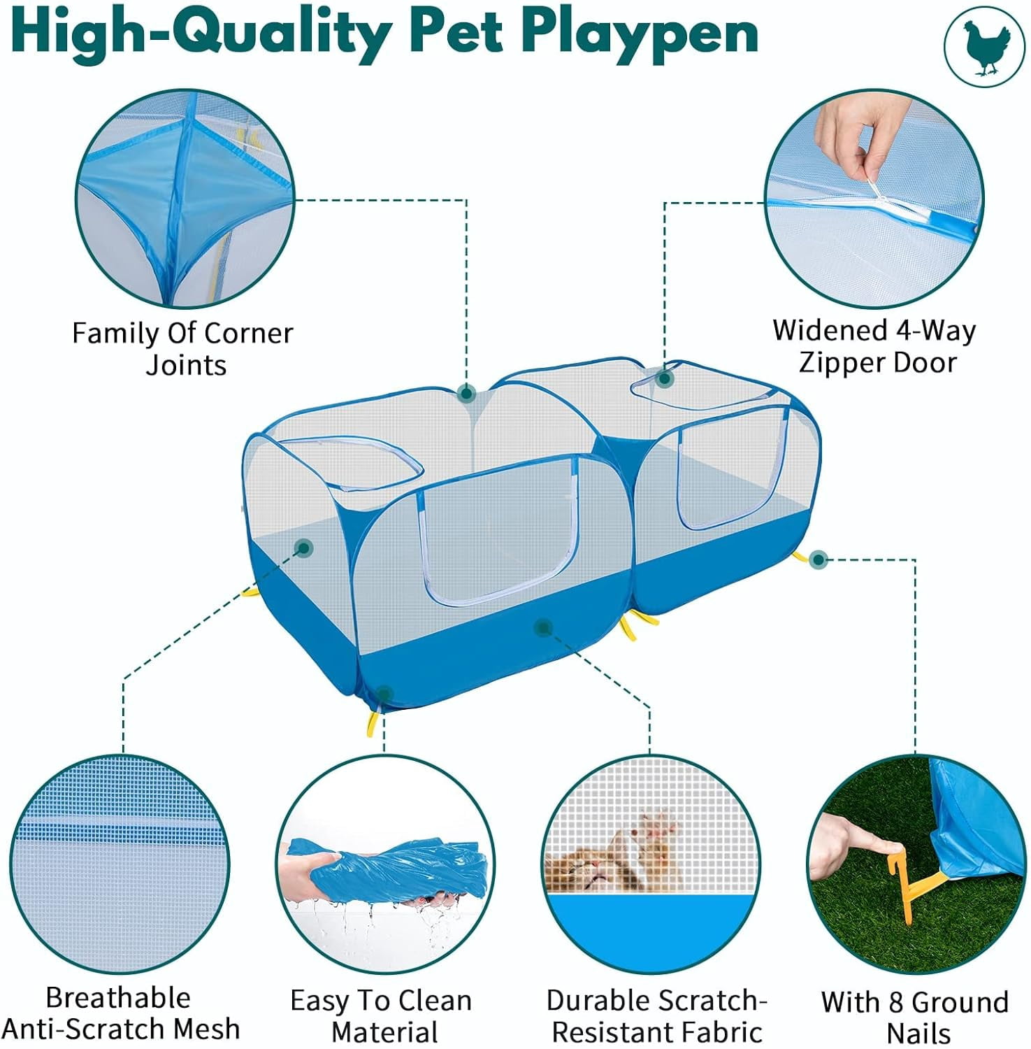 73" Large Small Animal Playpen with Detachable Bottom, Portable Chicken Coop Run and Chick Brooder, Pop Up Pet Enclosure Tent for Guinea Pigs, Bunnies, Puppies, Cats, Indoor/Outdoor Exercise Pen