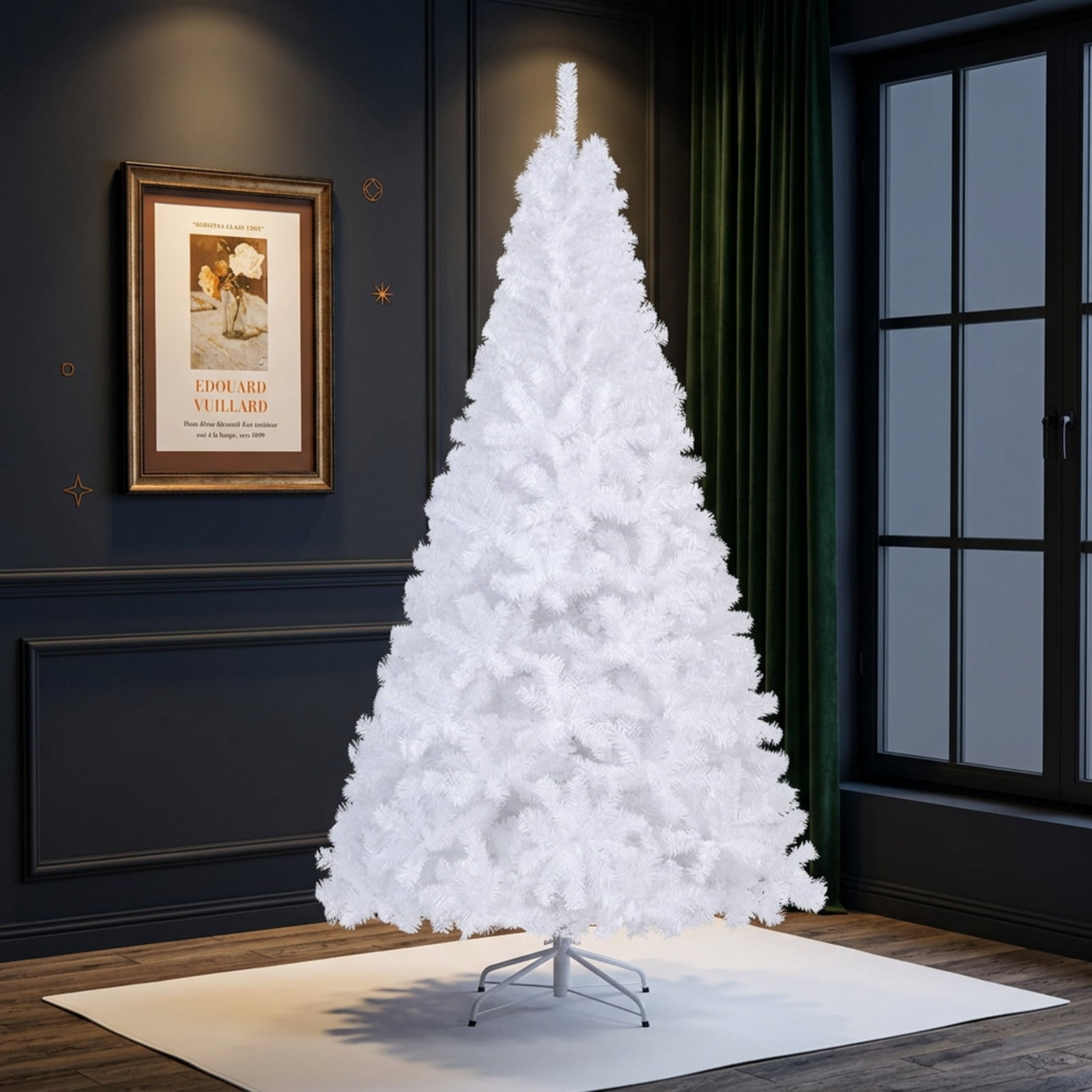 RUIE 7 FT White Artificial Christmas Tree with Sturdy Metal Stand, 950 Lush PVC Tips, Hinged Easy Assembly Holiday Tree for Indoor Home Decoration