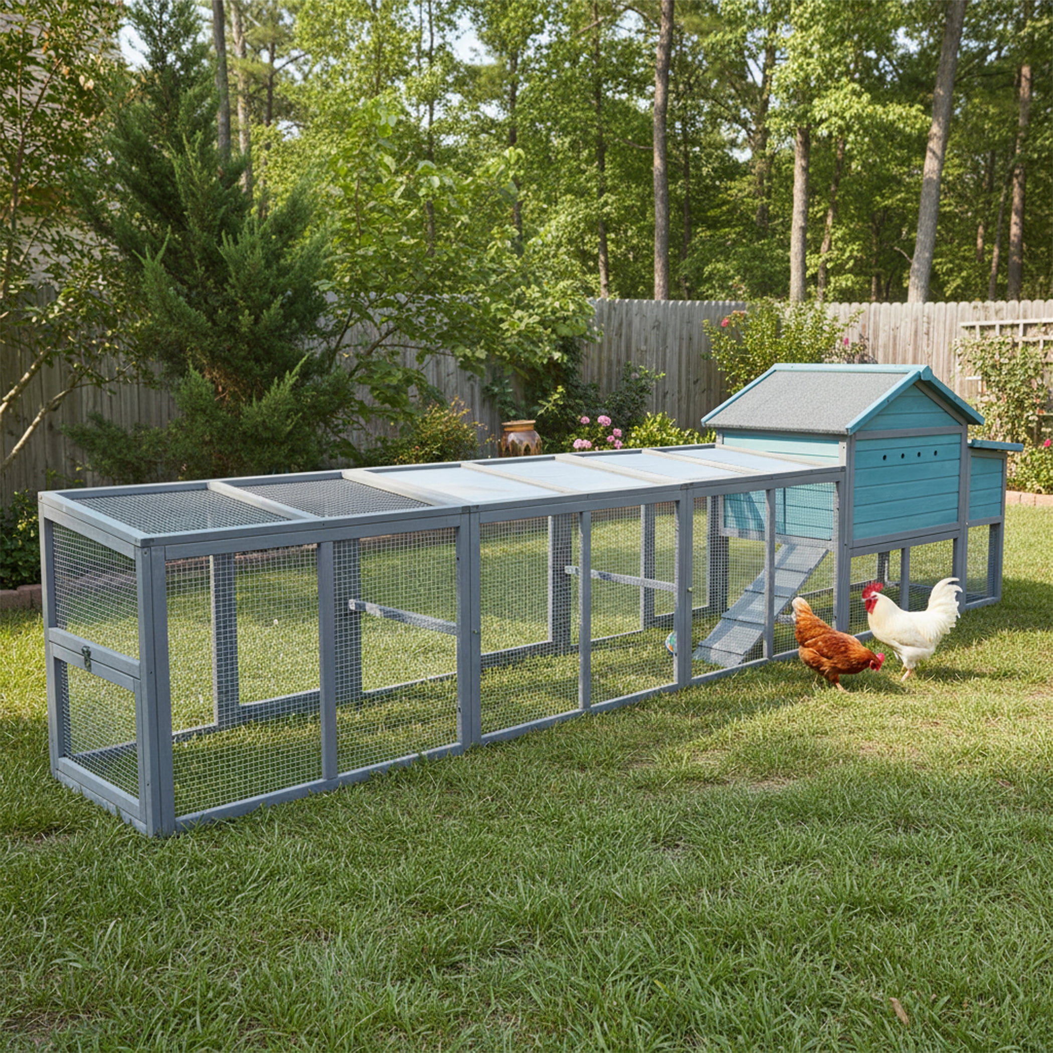 Aukfa 141" Extra Long Chicken Coop Wooden 2 Tier Chicken Run Cage with Nesting Boxes, UV Panel, Free-range Door for Outdoor, Backyard, Blue Gray