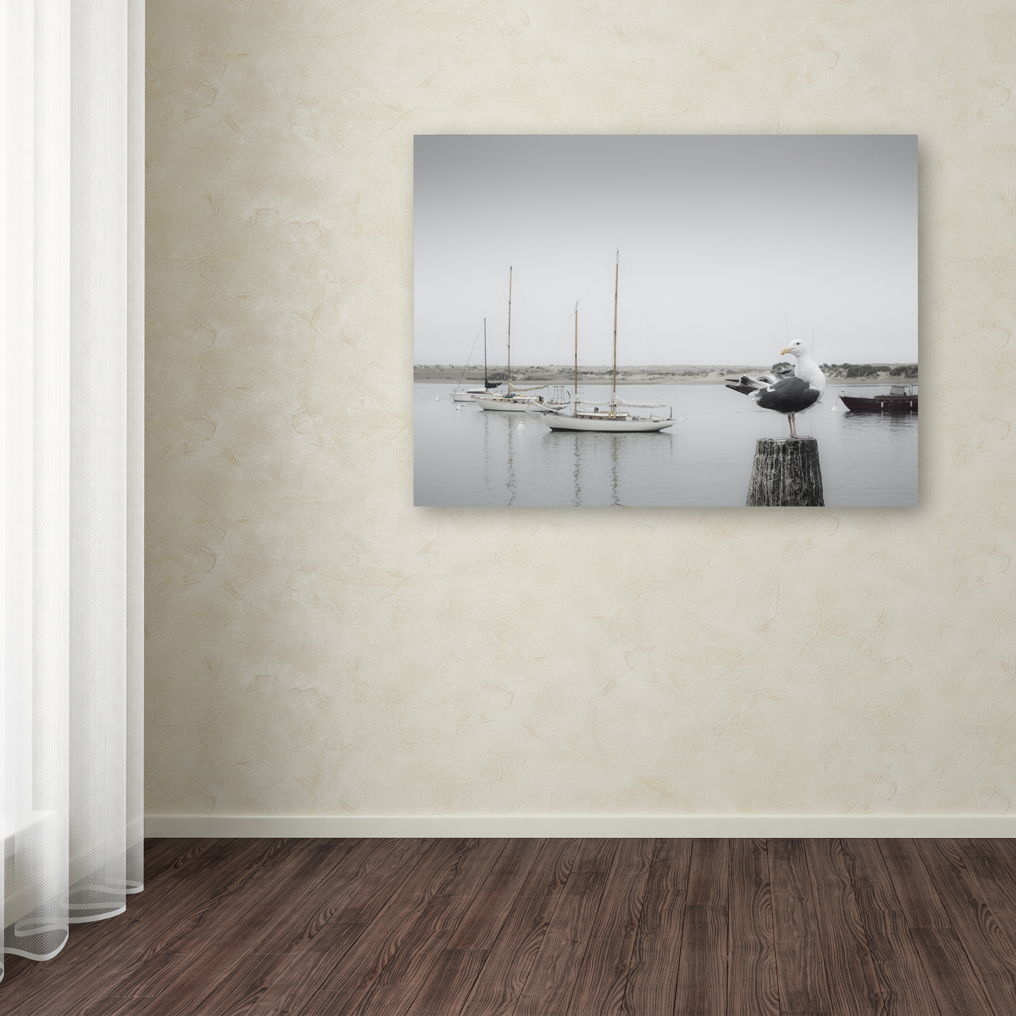 "Four Boats and Seagull" Canvas Art by Moises Levy
