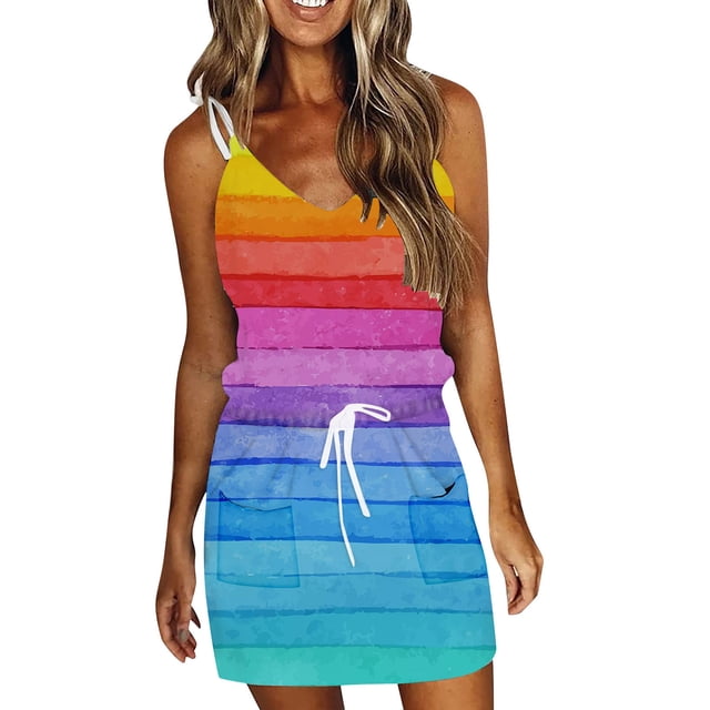 SMihono Robe d'Été Grande Taille pour Femmes 2023 Mode Femmes Décontractée Col en V Sans Manches Imprimé Teinture sur Nœuds Poches Gilet Mini Robe