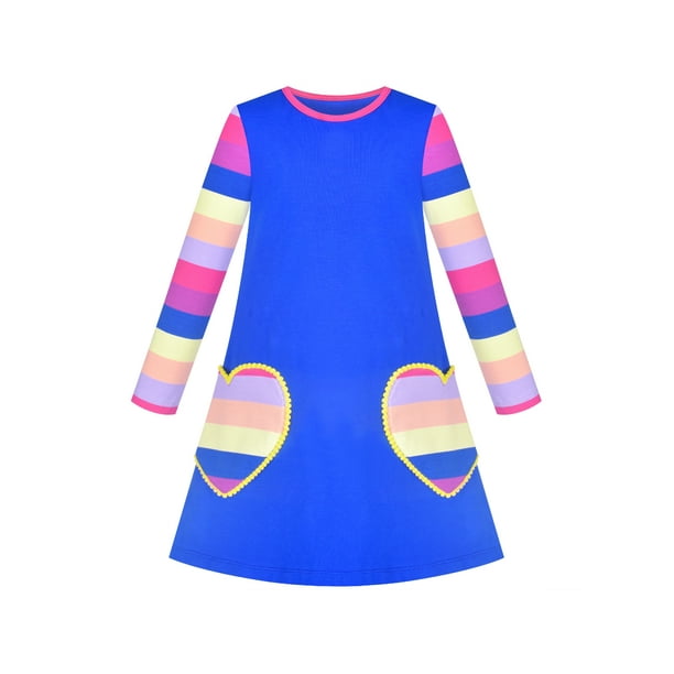 Vestido de Niña Azul de Manga Larga con Bolsillo de Corazón a Rayas Casual de Algodón 4 Años