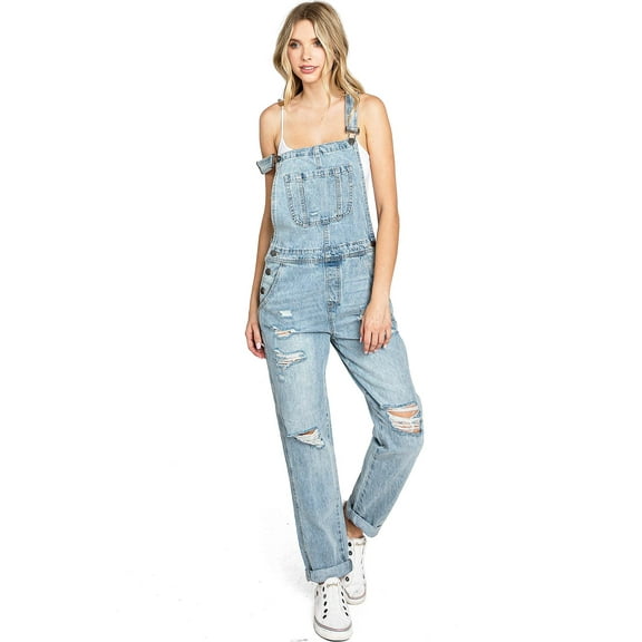 Black Label Women's Juniors Baggy Distressed Overalls (Light Denim, S)
