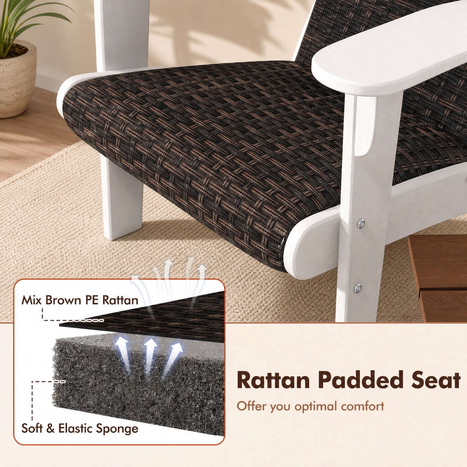 Furnibear Patio Adirondack Chair with Rattan Padded Seat HDPE Frame Wide Armrests and Hidden Cupholder for Backyard and Poolside, White
