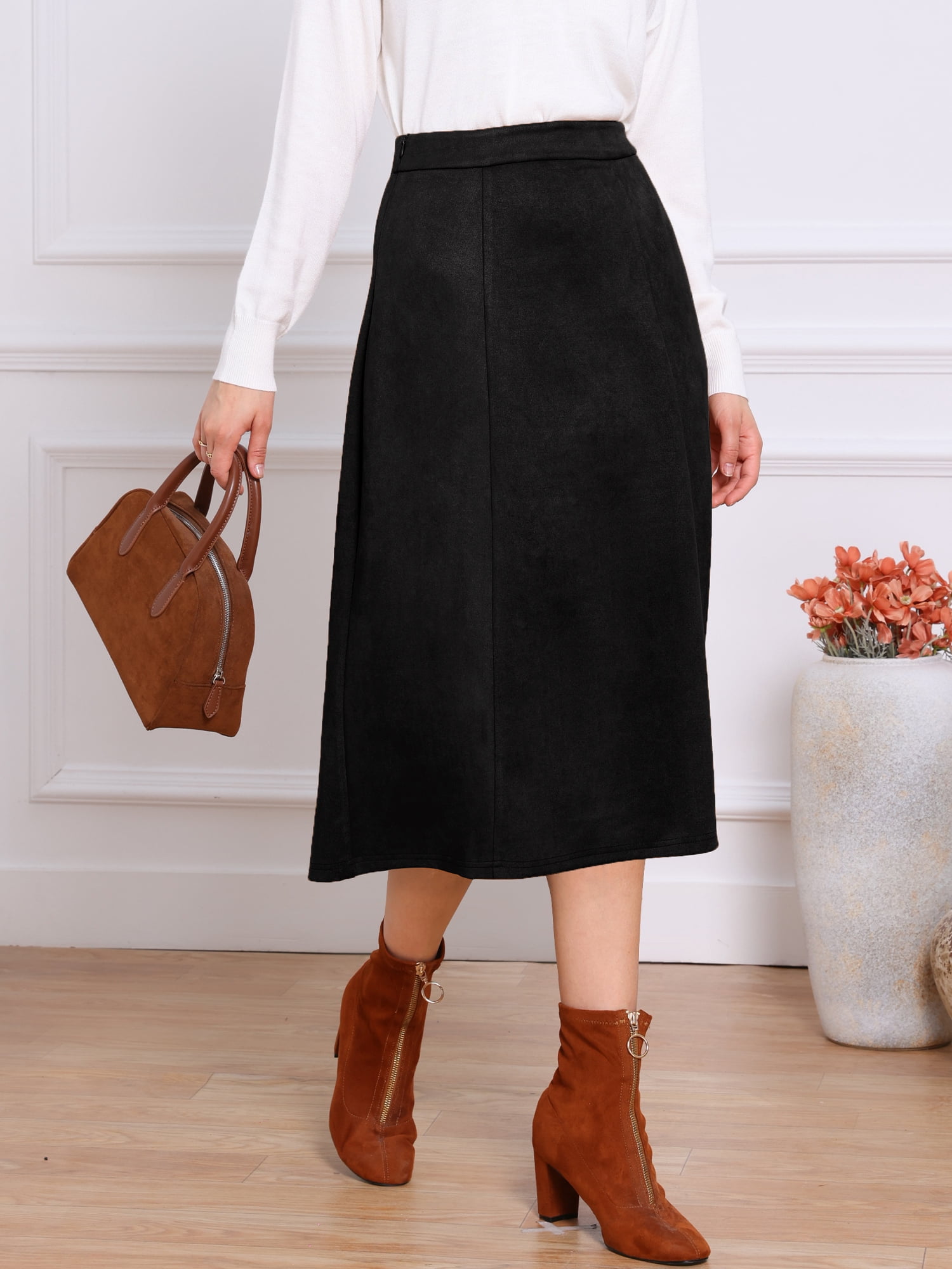 DARING DIVA Women's Casual A Line Faux Suede Midi Skirts L Black