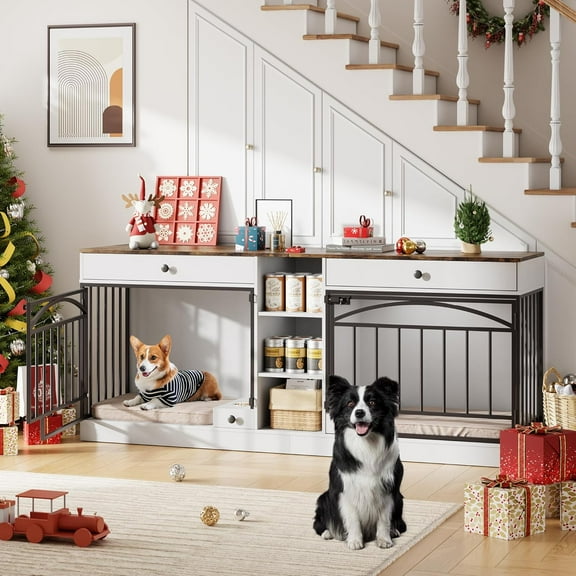 IdealHouse Dog Crate Furniture for 2 Dogs, Double Dog Kennel with 2 Storage Drawers & Bowls, Indoor Pet Crate TV Stand for Small/Medium Dogs, White