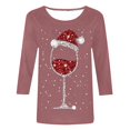 thumbnail image 3 of T-Shirt Décontracté de Noël pour Femmes avec Verre de Vin Rouge Imprimé, Col Rond, Manches Trois-Quarts, 3 of 4