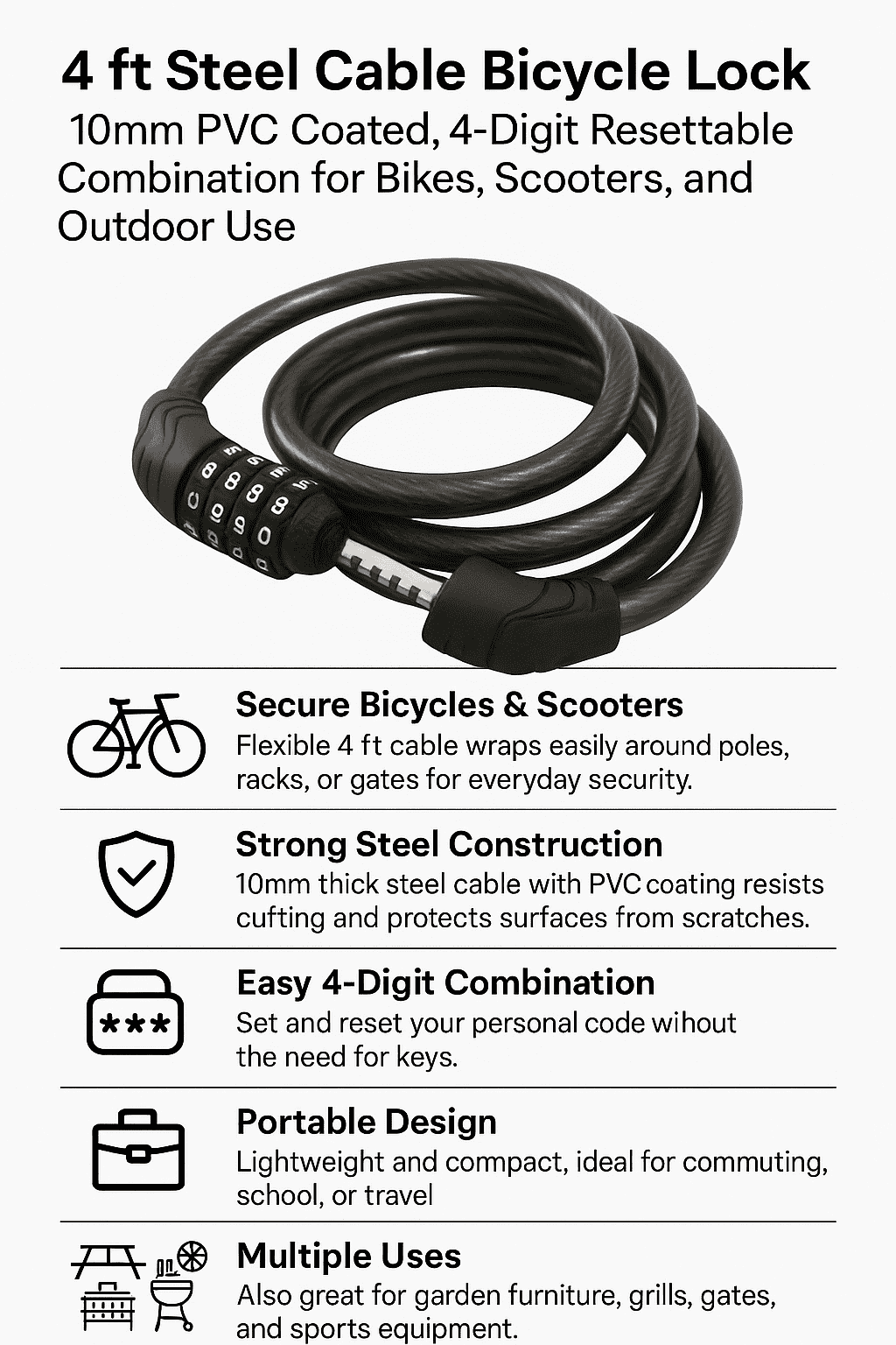 4-Pack Steel Combination Bike Lock Set 4 ft Cable, Resettable 4-Digit Code Black