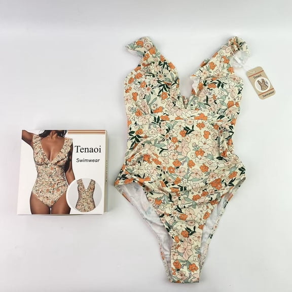 Tenaoi Swimwear,Women's Ruffled One Piece Swimsuit V Neck Lace Up - S