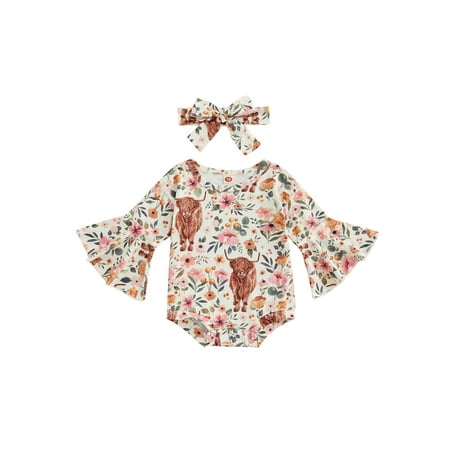 

Newborn Baby Girl Romper Floral Cow Print Onesie Long Flare Bell Sleeve Bodysuit Headband Infant Western Baby Clothes