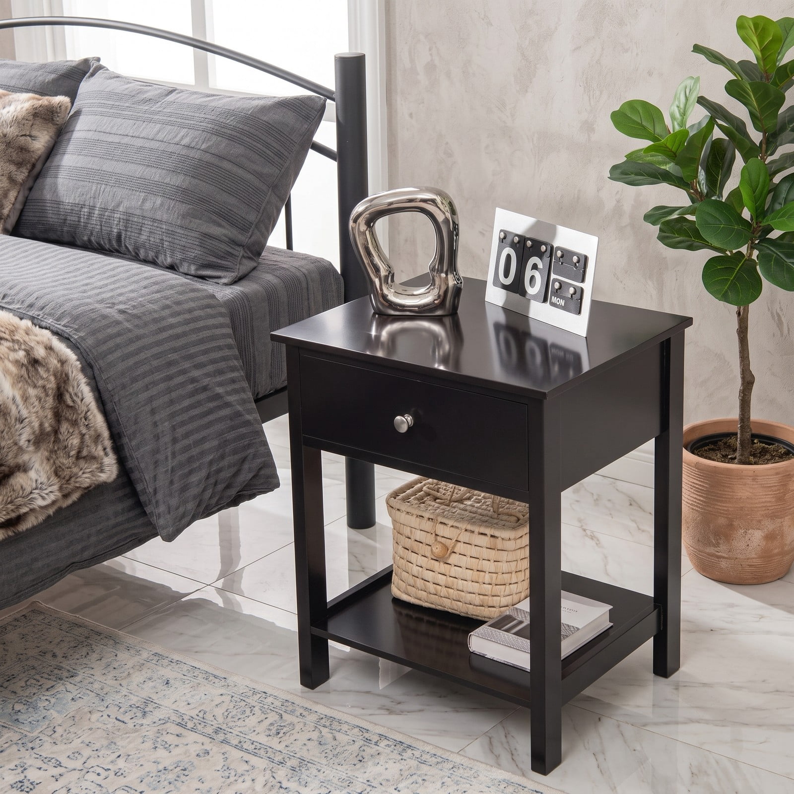 Furnibear Wooden Nightstand with Drawer and Open Bottom Shelf Bedside Table for the Bedroom Living Room and Entryway, Black