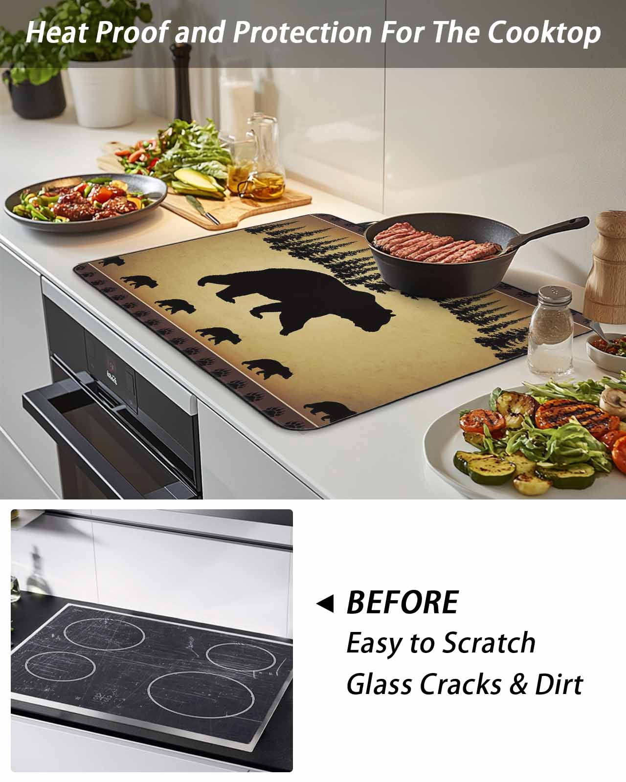 Stove Top Covers for Electric Stove, Black Bear Glass Stovetop Cover Protector, Vintage Animals Farmhouse Pine Brown Forest Induction Cooktop Protector Oven Mat for Kitchen Countertop 24"x21"