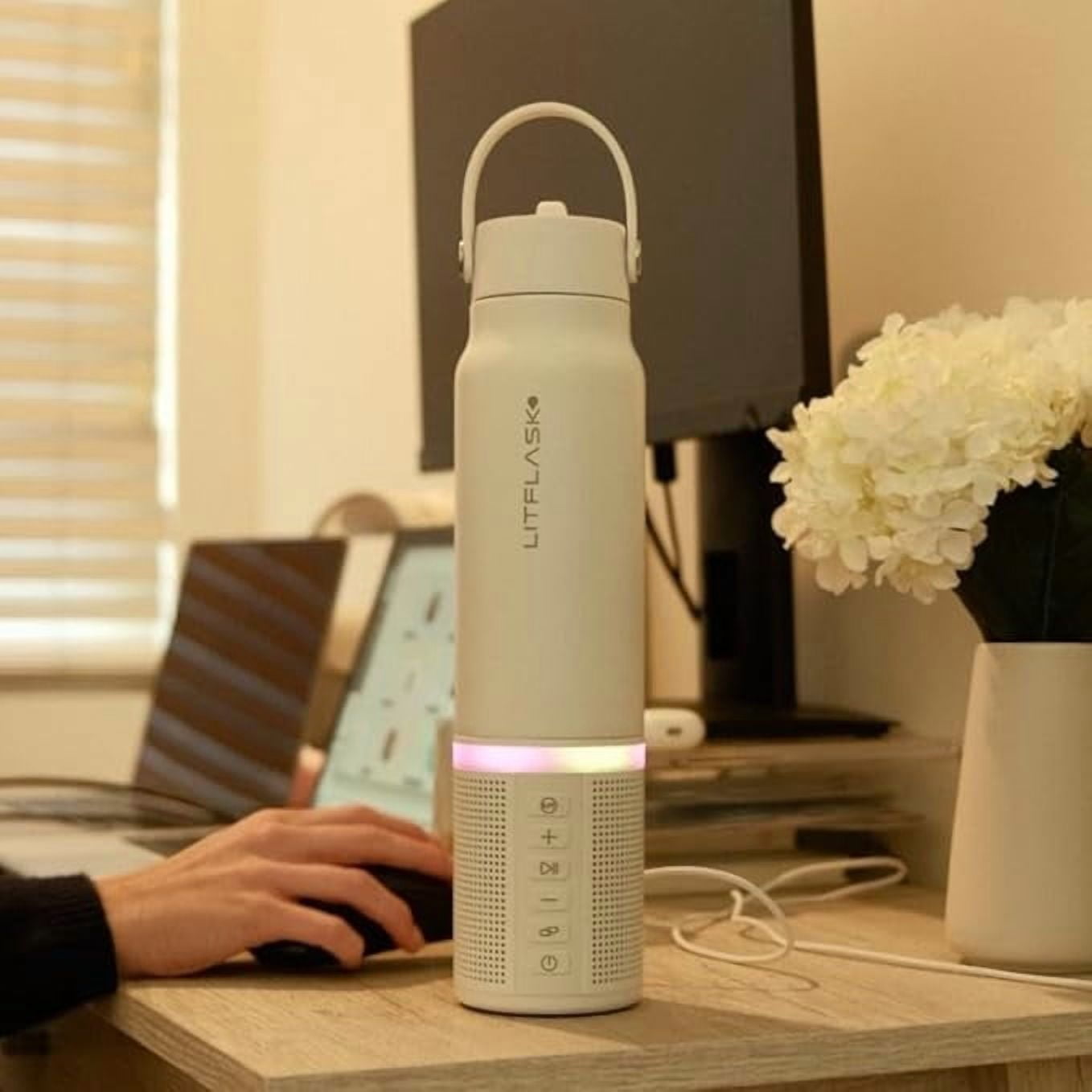 LITFLASK Smart Water Bottle with Premium Bluetooth Speaker, White, Portable Charger, LED Light, Stainless Steel, Mix & Match Colors, 20oz - Oprah's Favorite Things 2024