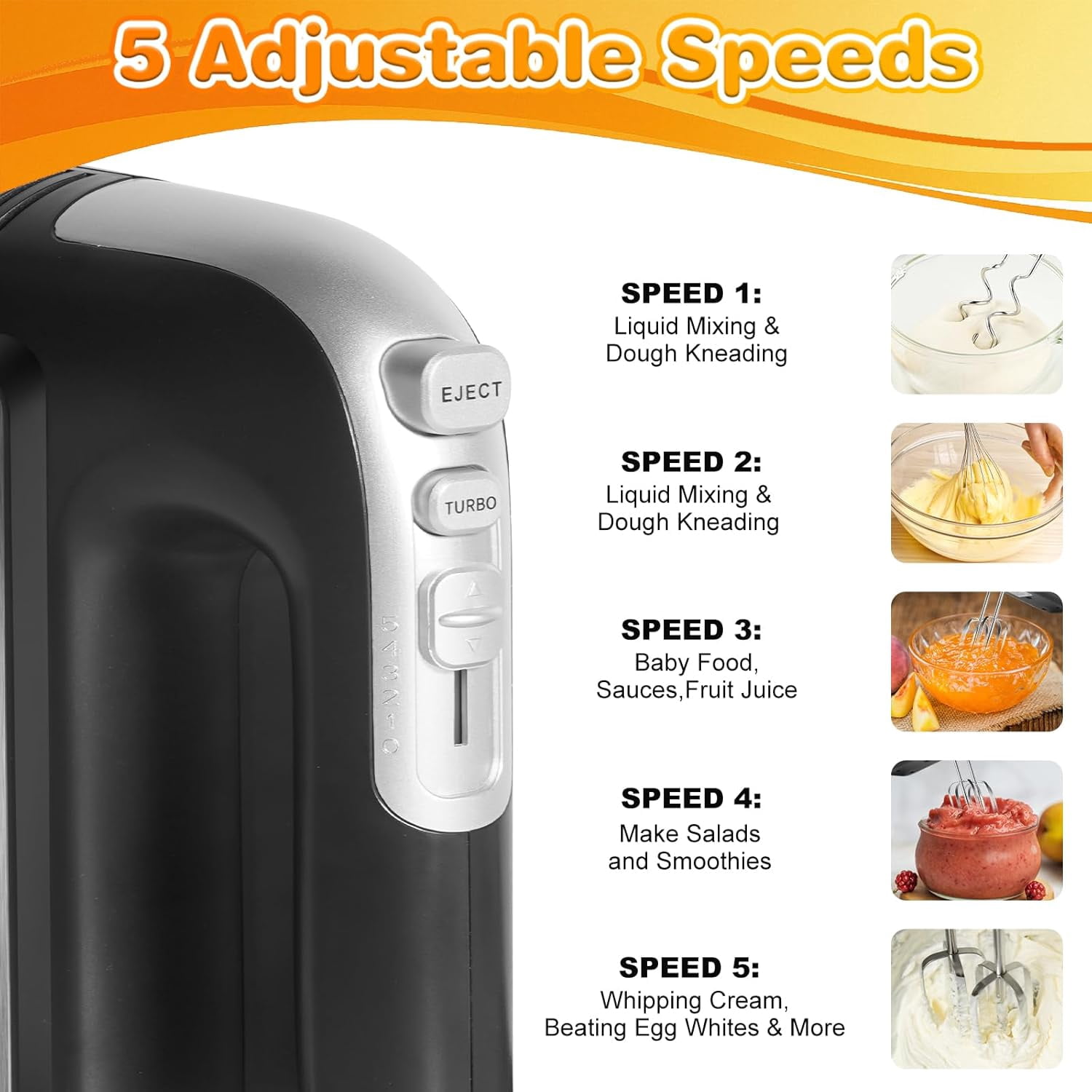 5-Speed 400W Hand Mixer Electric Handheld - Ultra-Powerful with Turbo Function & Eject Button, 5 Stainless Steel Attachments for Dough, Cream, Batter, Eggs Baking