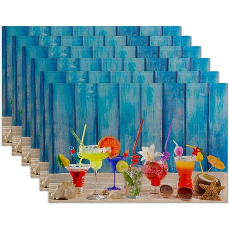 

Colorful Tropical Cocktails at Beach on Blue Wood Placemats Set of 6 Place Mats for Kitchen Table Washable Farmhouse Linen Table Mats Dining Decoration 12x18 Inch
