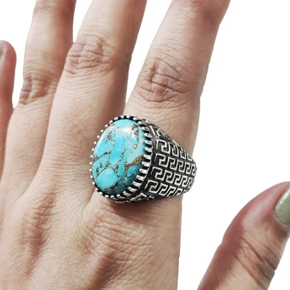 Blue Copper Turquoise Mans Ring, Natural Copper Turquoise Ring, Silver Jewelry, 925 Silver Ring, Birthday Gift, Heavy Mens Ring, Arabic Design, Ottoman Style Ring, Christmas, Turkey Mens Signet Ring