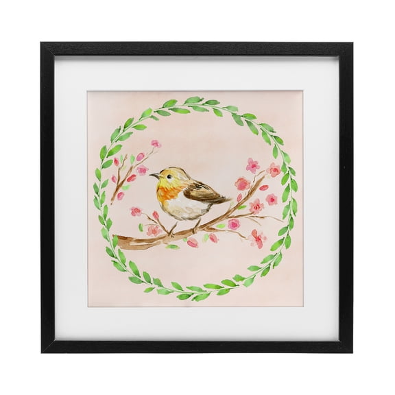 Spring Wreaths Bird Black Framed Print Under Glass, design by Elena Fay