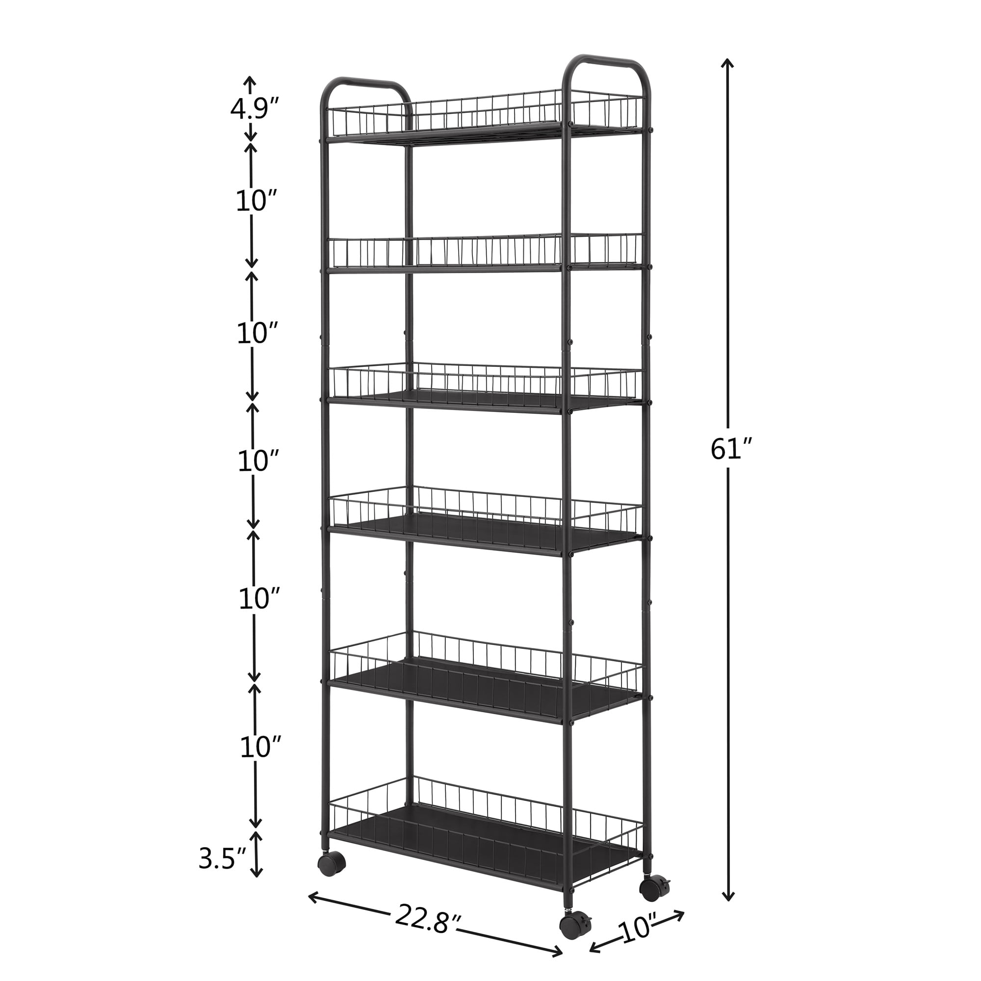 Miniyam 6-Tier Slim Rolling Cart,Narrow Slim Slide Out Storage Shelving Unit with Wheels,Kitchen,Bathroom,Garage,Laundry Room,10"D x 22.8"W x 61"H,Black