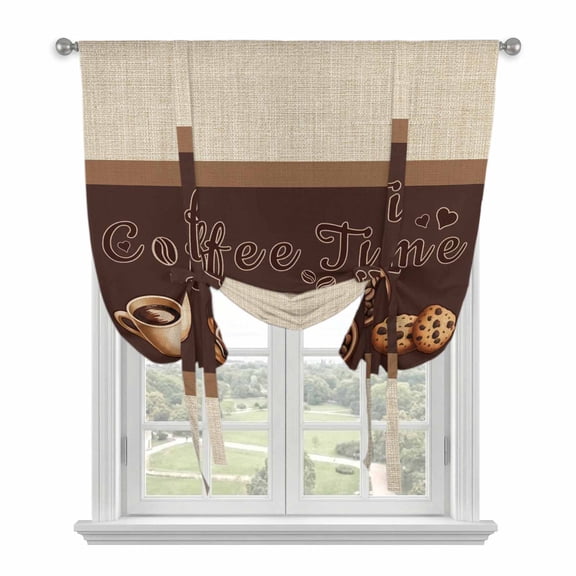 Vintage Coffee Time Tie Up Curtains for Windows, Adjustable Balloon Window Shades, Farmhouse Desserts Beige Burlap Kitchen Window Treatments Adjustable Roll Up Curtain for Basement/Nursery 52"x45"