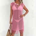 thumbnail image 2 of Maqroz Mesh Cover Up Dress Women Round Neck Cap Sleeve Beach Tunic Flower Decor Fringe Hem Swimsuit Coverup Summer Mini Dress, 2 of 7