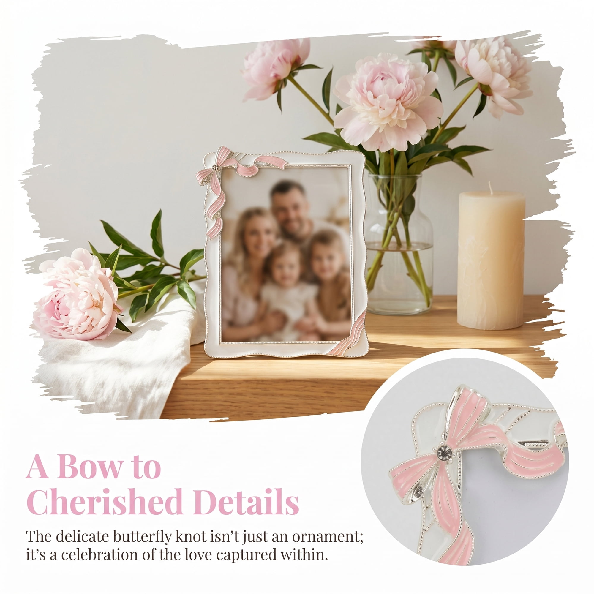 Unique Bargains Vintage Bowknot Metal Romantic Ribbon Accent Photo Frame Pink 5" x 7"