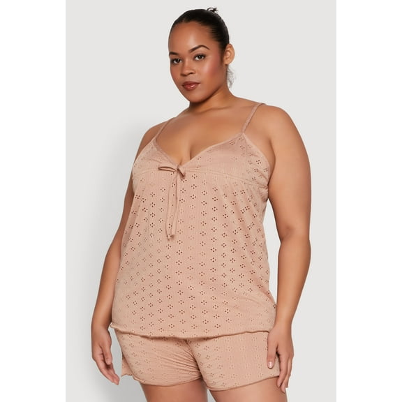 Womens Plus Size Eyelet Pajama Babydoll Cami and Shorts