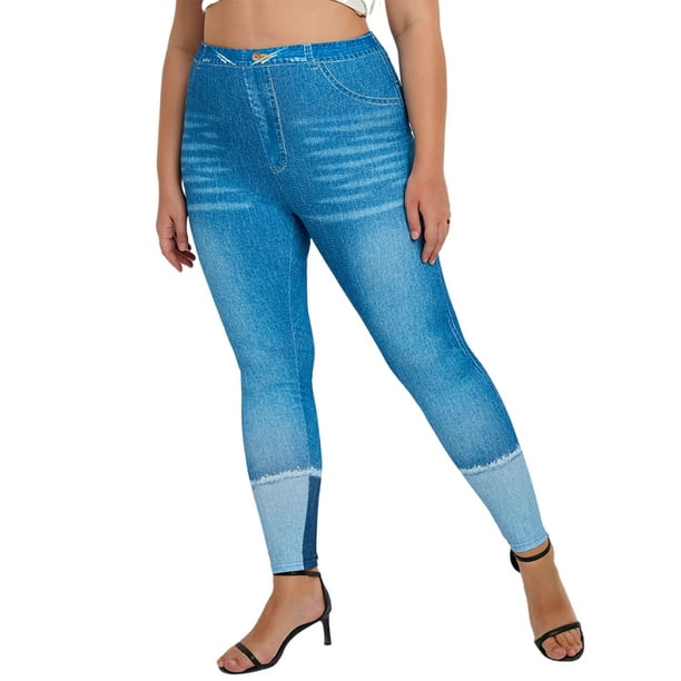 Sexy Dance Women Faux Denim Pant Butt Lifting Plus Size Leggings Elastic  Waisted Fake Jeans Tight Trousers High Waist Bottoms Blue 2XL 