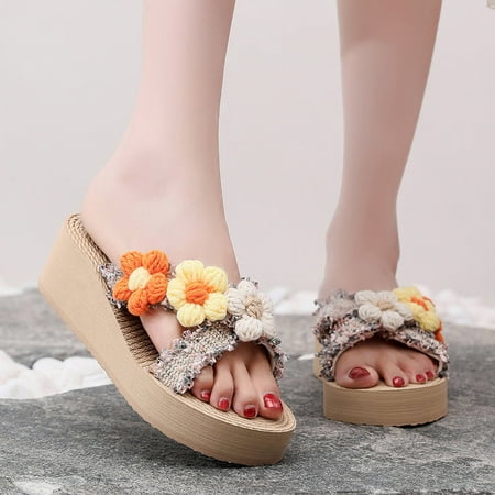 

Cathalem Fashion Spring And Summer Women Slippers Thick Soled Wedge Heel Color Flower Open Toe Light And Bunny Slippers Women Yellow 8