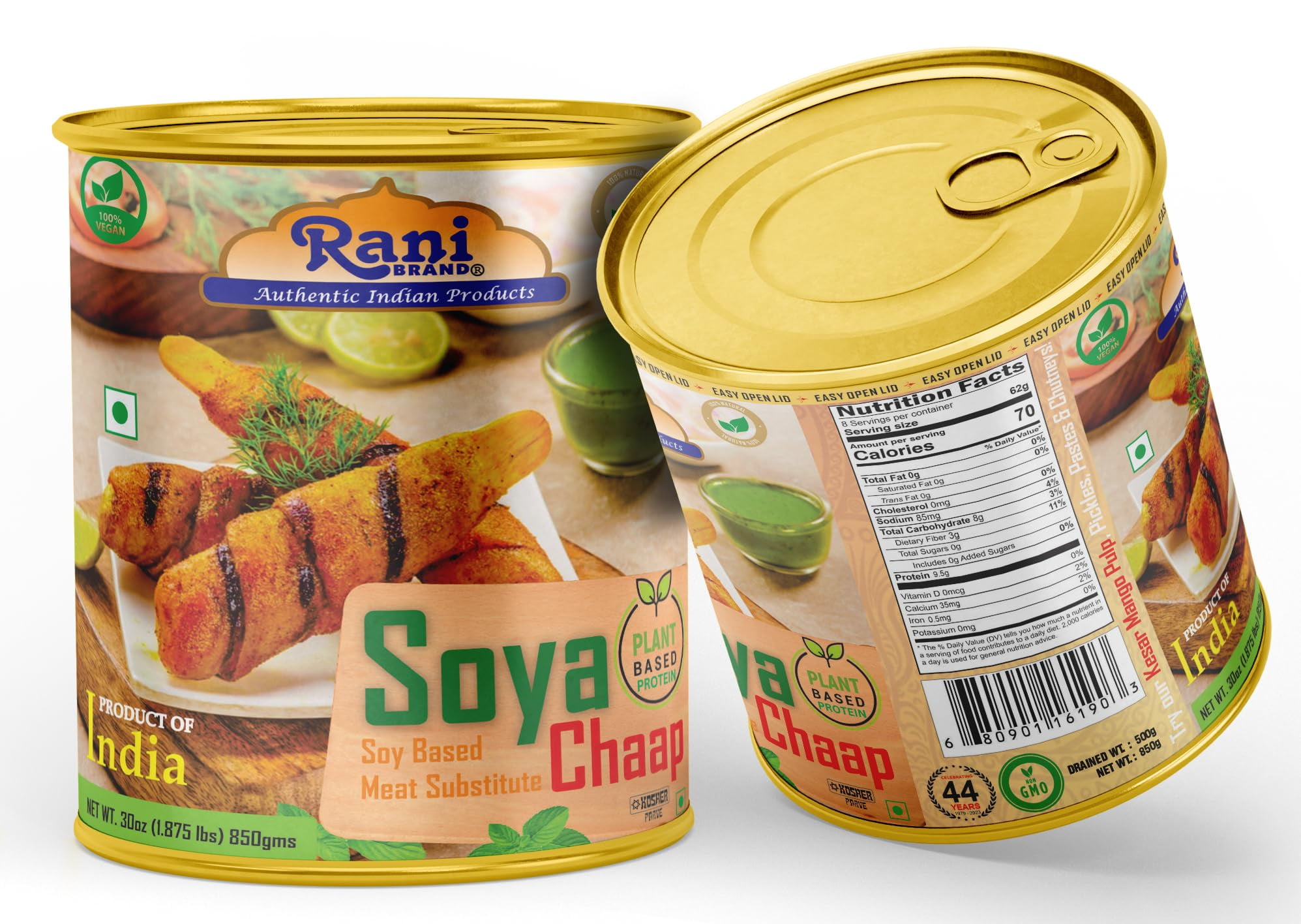 Rani Soya Chaap (Plant Based Protein) 30oz (1.875lbs) 850g, Pack of 6 ~ Easy Open Lid | All Natural | Vegan | No Colors | NON-GMO | Kosher | Indian Origin | Soy Based Meat Substitute