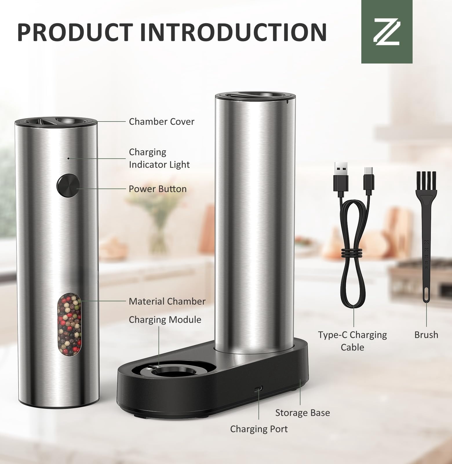 TeSabMi Electric Salt and Pepper Grinder Set, Rechargeable Stainless Steel Mills with USB-C Charging Base, LED Light, Adjustable Coarseness, 2 Pack