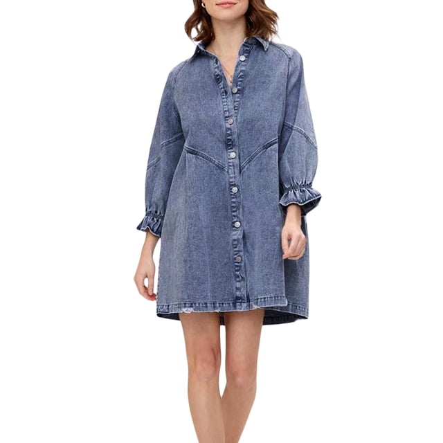Txlixc Vestido de mujer con mangas farol 3 / 4 Moda Color sólido solapa Botón Cintura alta Vestido de mezclilla suelto Txlixc moda