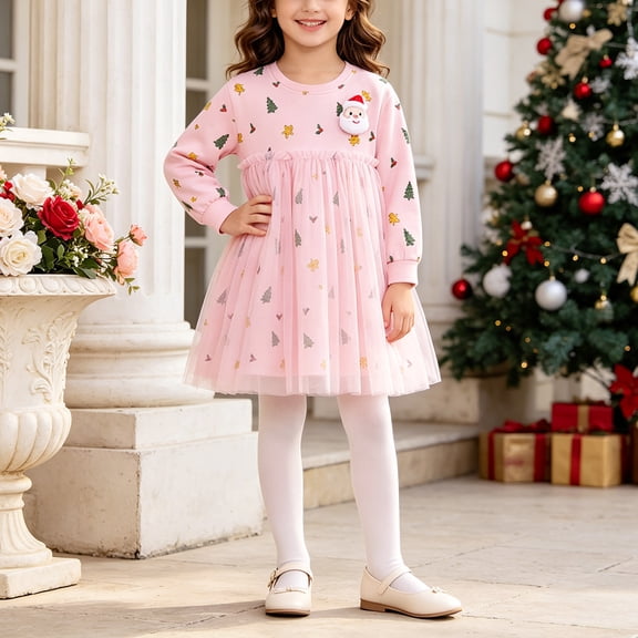 Girls Long Sleeve Mesh Tulle Dress Christmas Themed Loose Fit Layered Skirt Daily Party Dresses