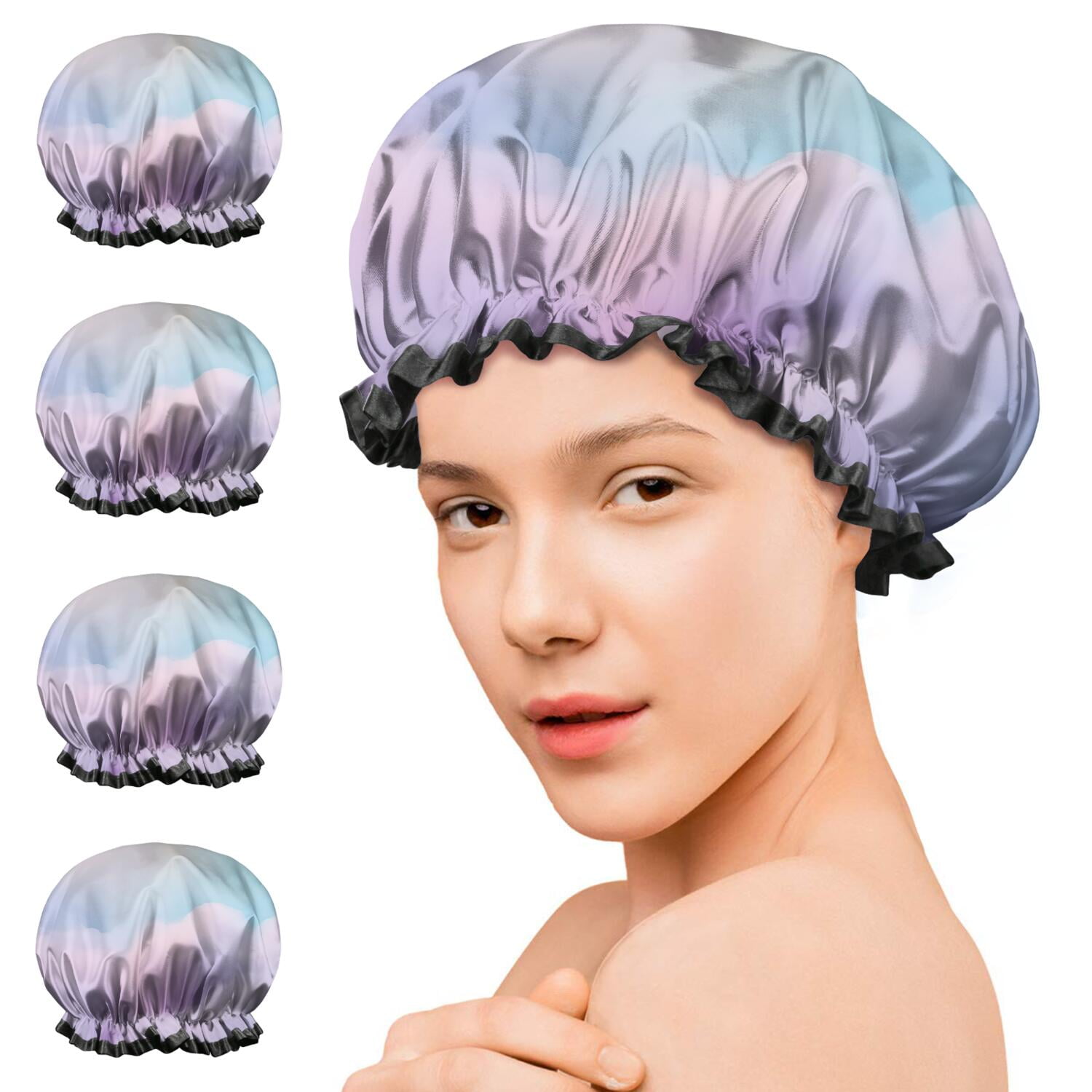 Shower Caps,Soft Pastel Cloudscape Waterproof Shower Cap for Women 4 Pieces,Double Reusable Hair Cover for Shower PEVA Elastic Stretch Hem