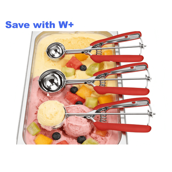 Red 18/8 Stainless Steel 3-Piece Cookie Scoop Set with Trigger Release & Soft Grip Handle